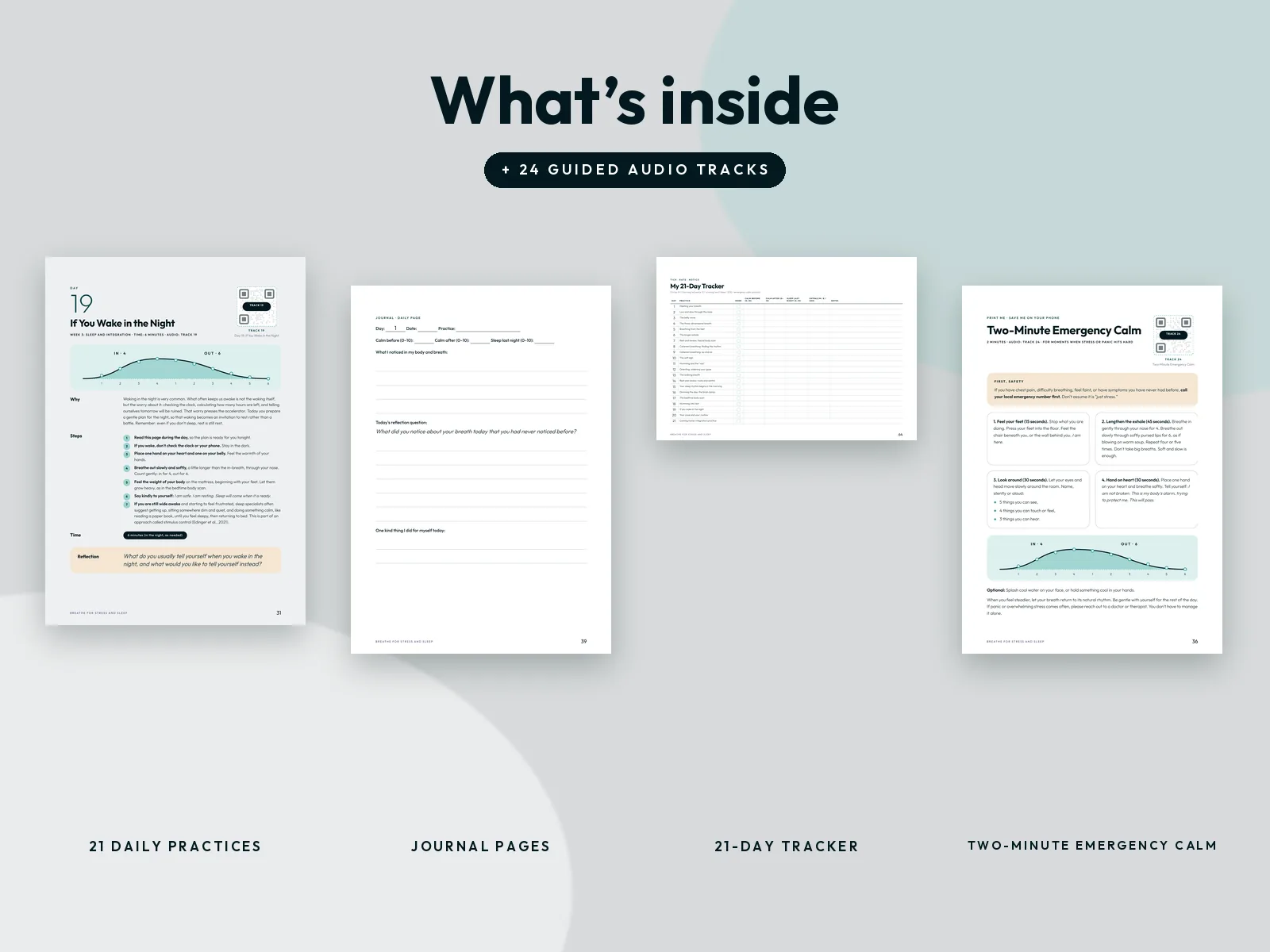 What's inside: a daily practice page, a journal page, the 21-day tracker and the two-minute emergency calm